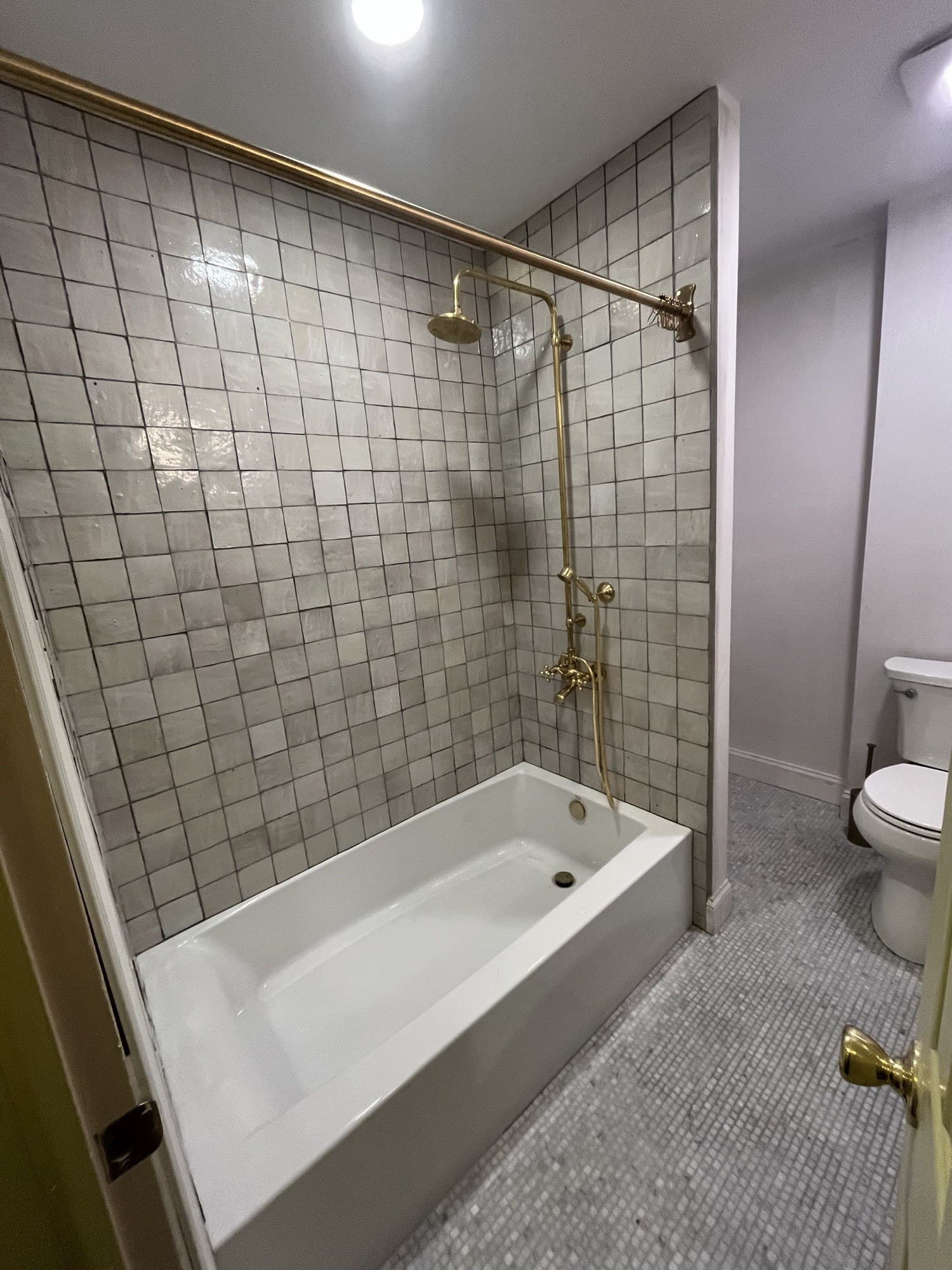 Bathroom remodel with brass fixtures